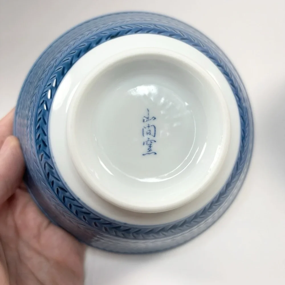 Chinese Contemporary Colorful Rice Bowl Hibiscus Hummingbird Fruit blue set Of2
